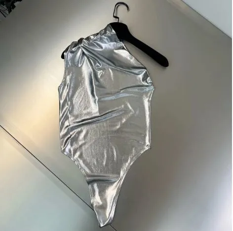 Metallic Silver Ruched One Shoulder Bodysuit