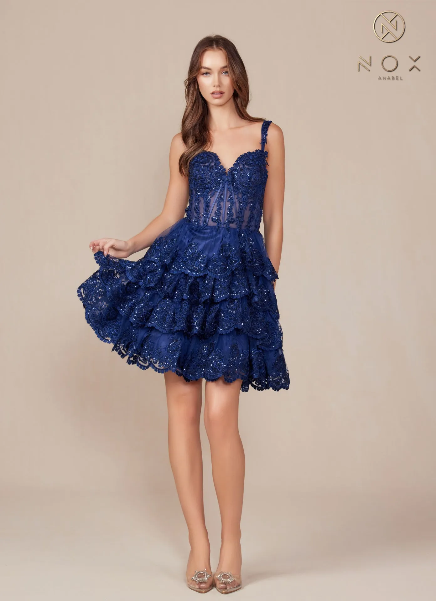 N R880 - Sequin Lace Embellished A-Line Homecoming Dress with Sheer Boned Bodice & Layered Tiered Skirt