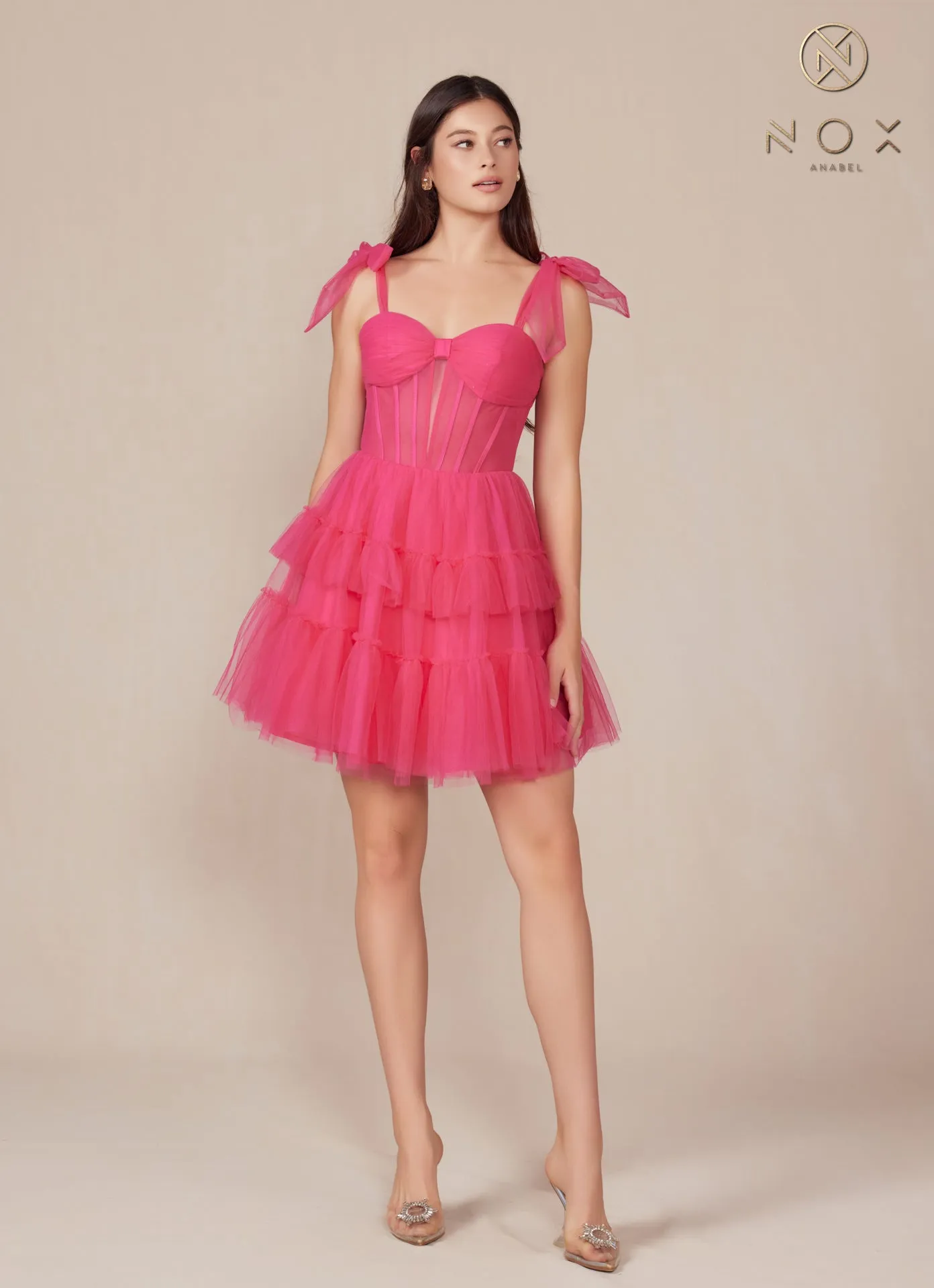 N Y858 - Short A-Line Homecoming Dress with Sheer Boned Bodice & Layered Ruffle Skirt
