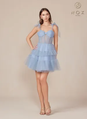 N Y858 - Short A-Line Homecoming Dress with Sheer Boned Bodice & Layered Ruffle Skirt
