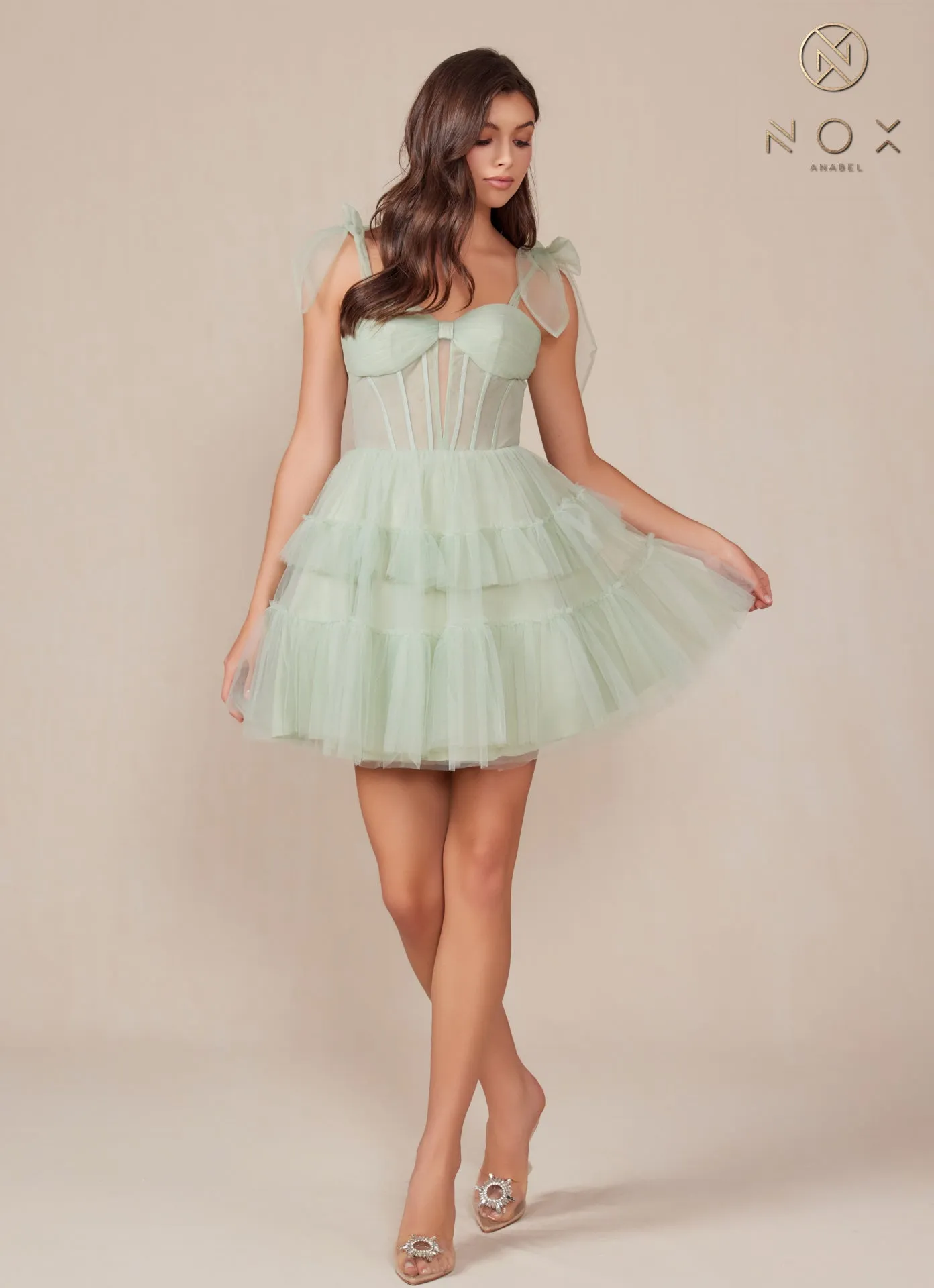 N Y858 - Short A-Line Homecoming Dress with Sheer Boned Bodice & Layered Ruffle Skirt