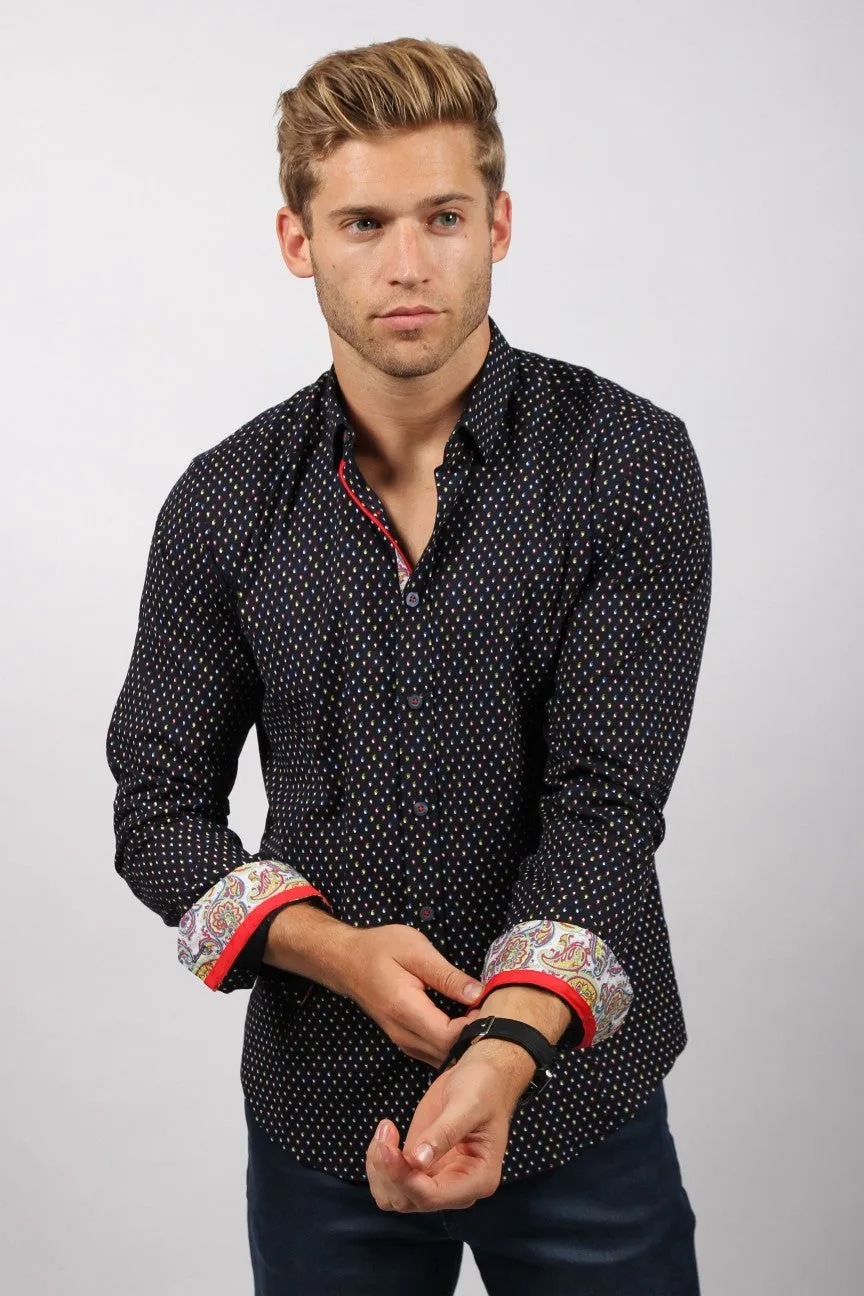 Navy Button Down Print W/Trim