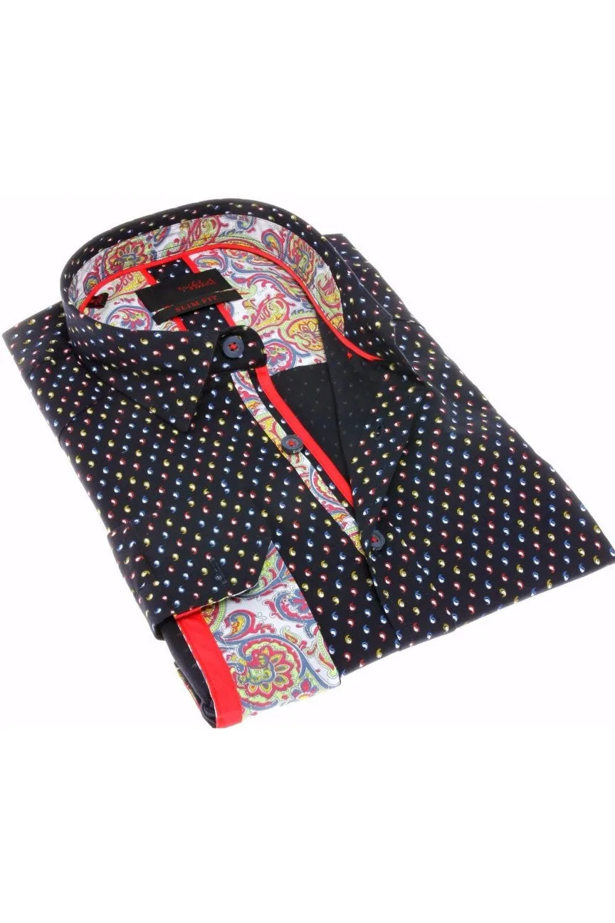 Navy Button Down Print W/Trim