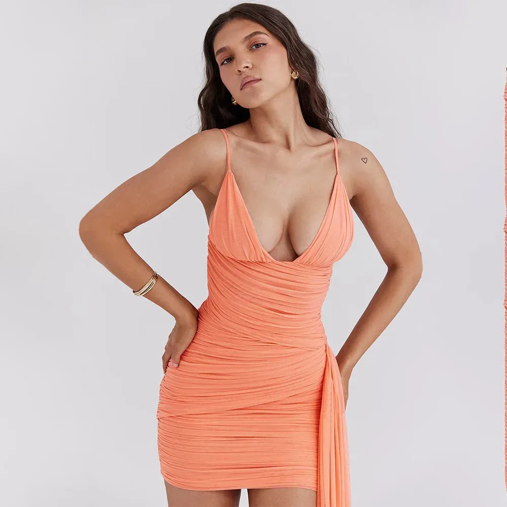 Orange V-neck Bandage Charming Bodycon Mini Dress
