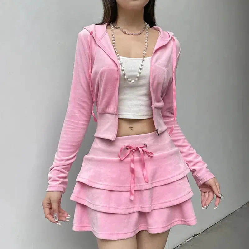 Pink Aesthetic Skirt & Hoodie Two Piece Set