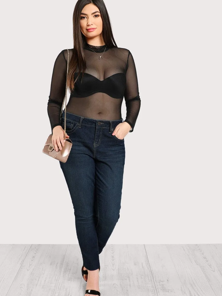 Plus Size Sheer mock neck bodysuit