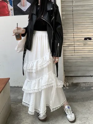 Retro Vintage Lace Crochet Slit Layered Cake White Black Skirt
