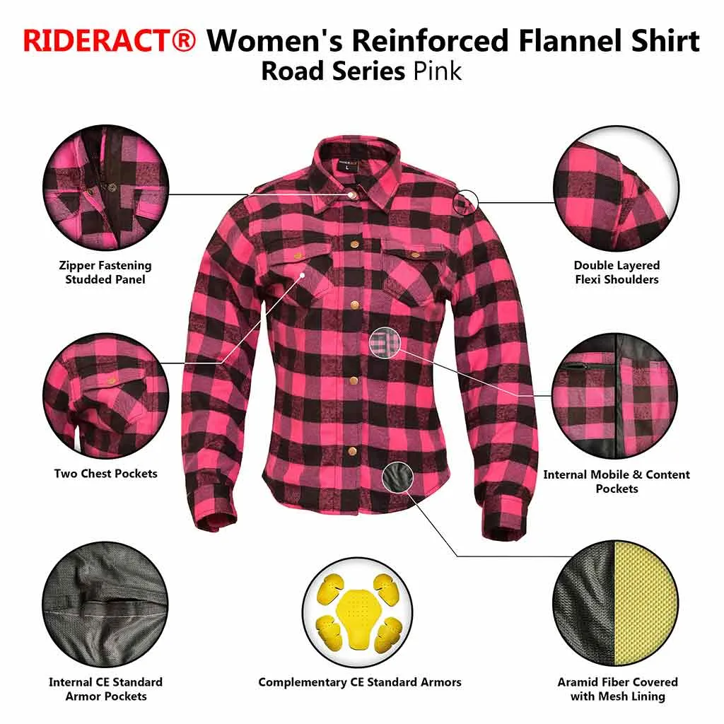 RIDERACT® Women's Motorcycle Shirt Flannel Road Series Pink & Black