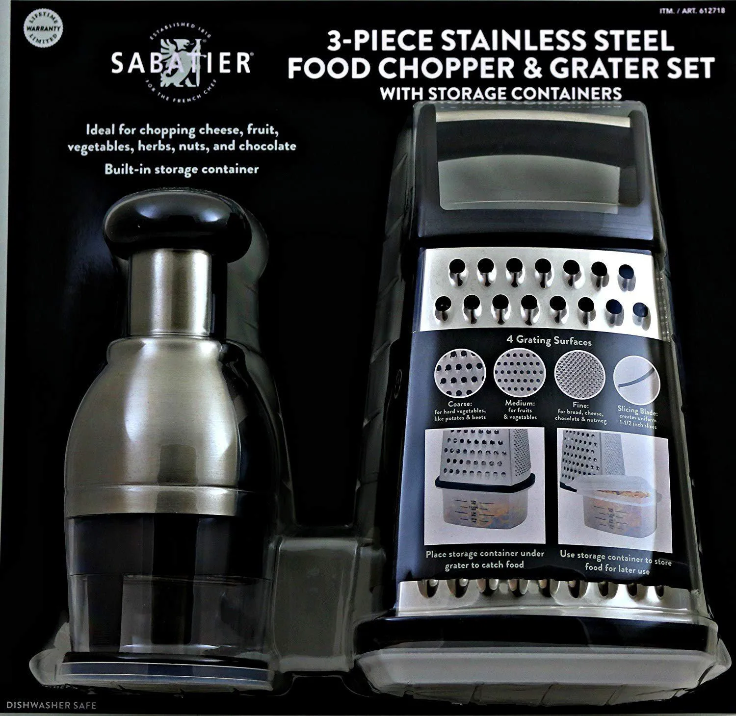 Sabatier 3 Piece Stainless Steel Food Chopper & Grater Set Sturdy, Strong & Durable