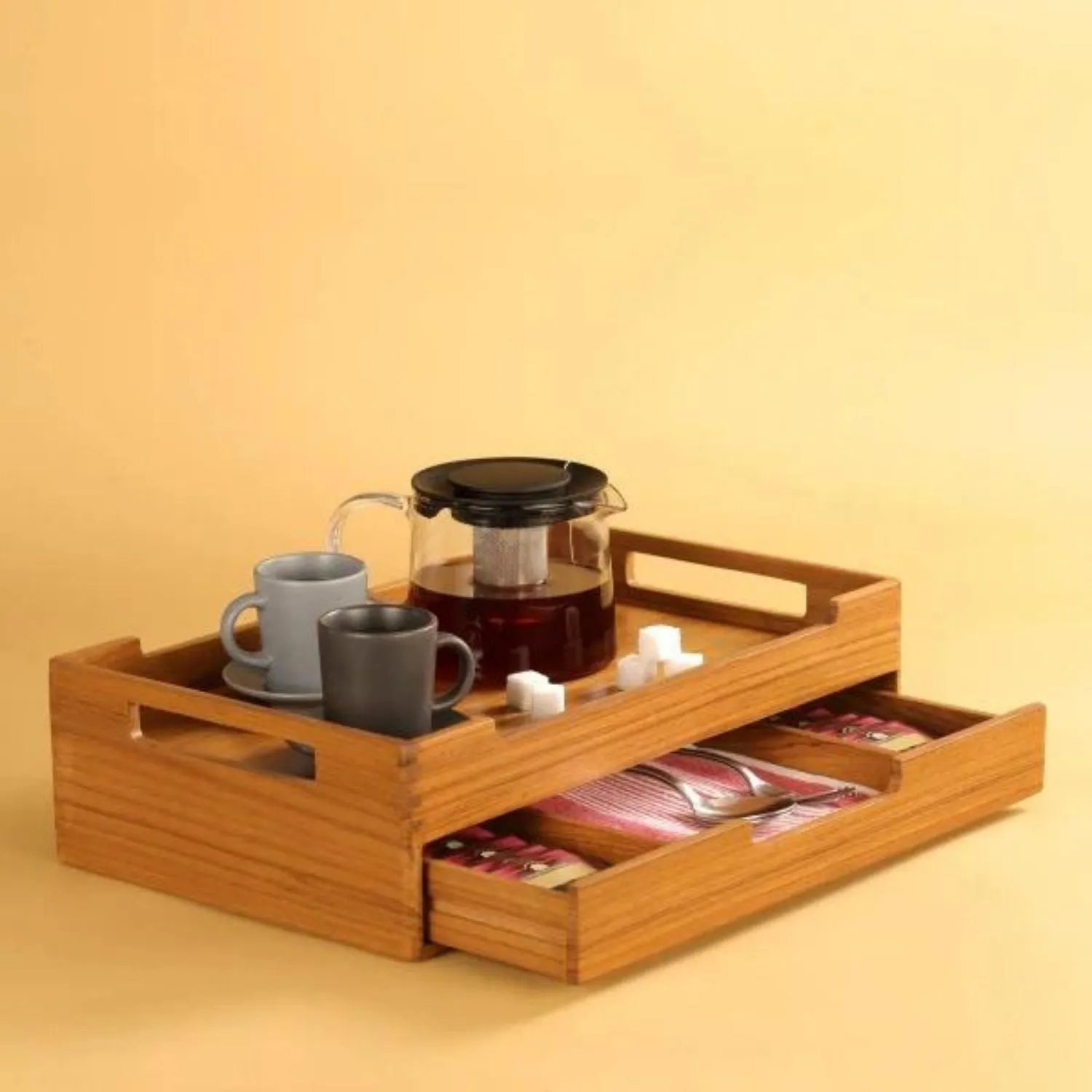 Serving Tray With 3 Teabags Drawer | Teak Wood | Easy Clean | Durable | 16"