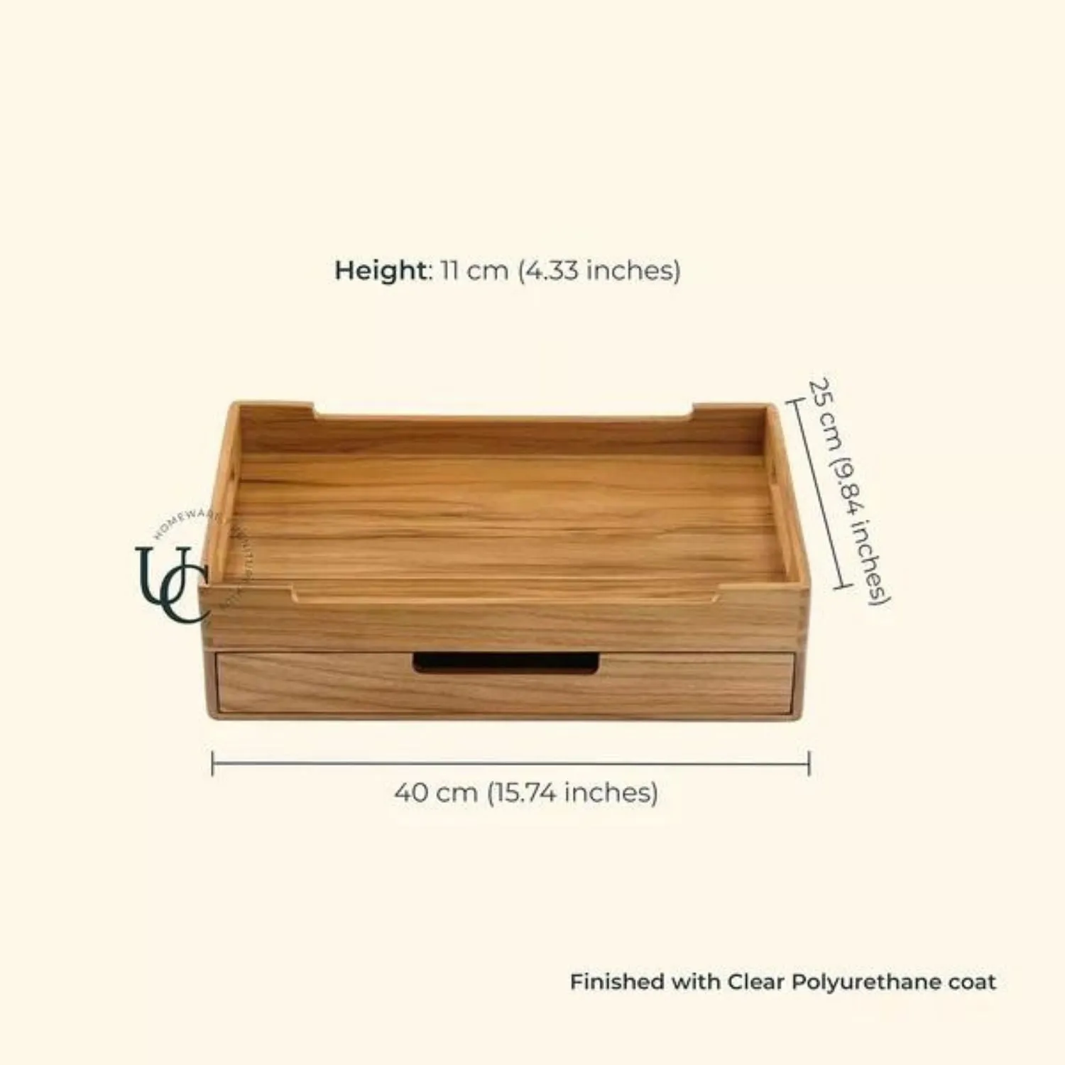 Serving Tray With 3 Teabags Drawer | Teak Wood | Easy Clean | Durable | 16"