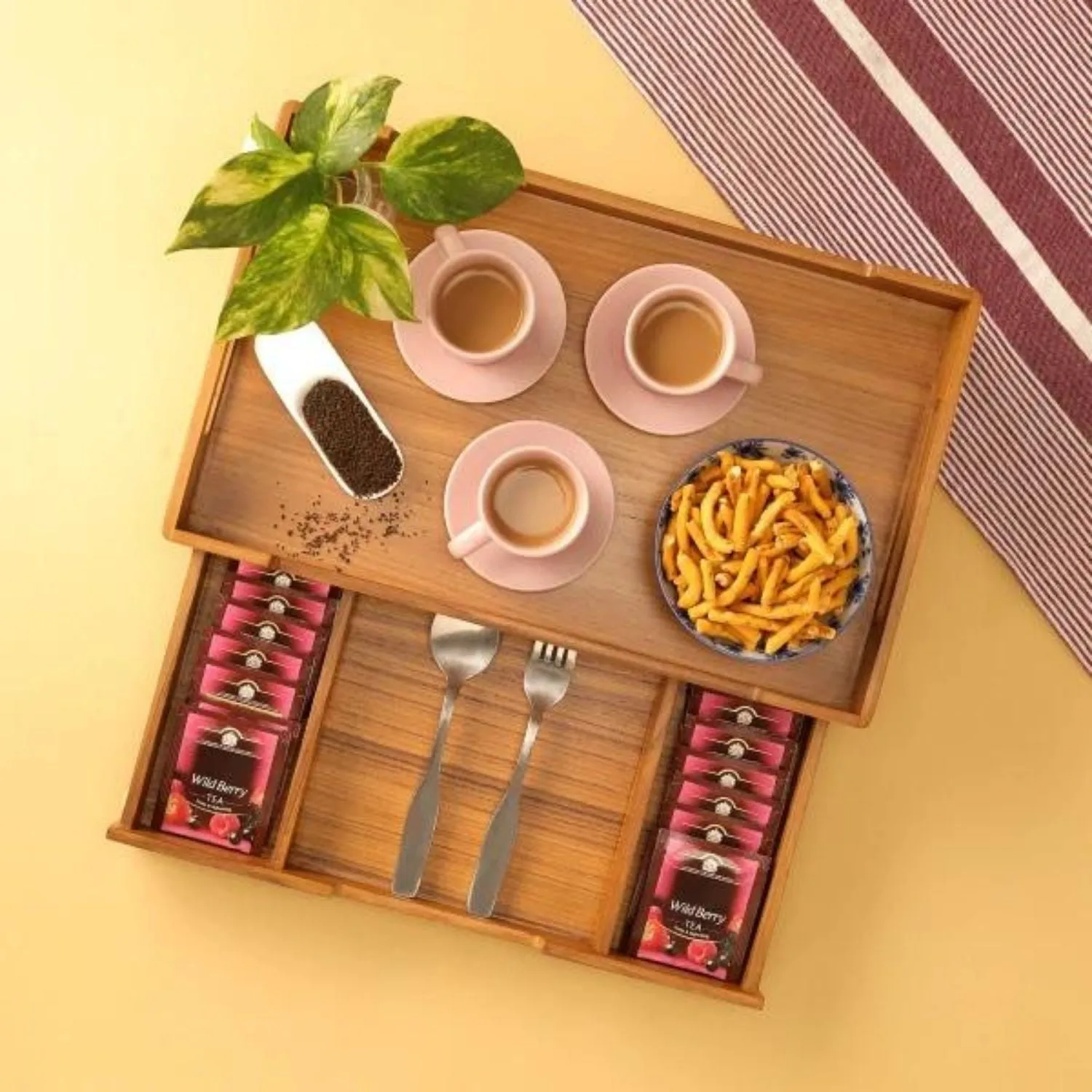 Serving Tray With 3 Teabags Drawer | Teak Wood | Easy Clean | Durable | 16"