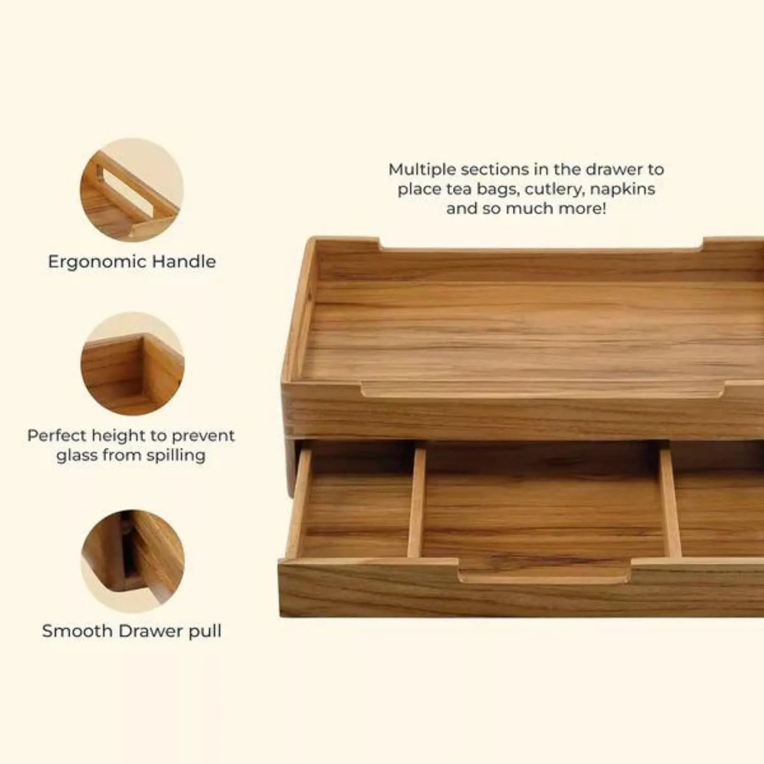 Serving Tray With 3 Teabags Drawer | Teak Wood | Easy Clean | Durable | 16"