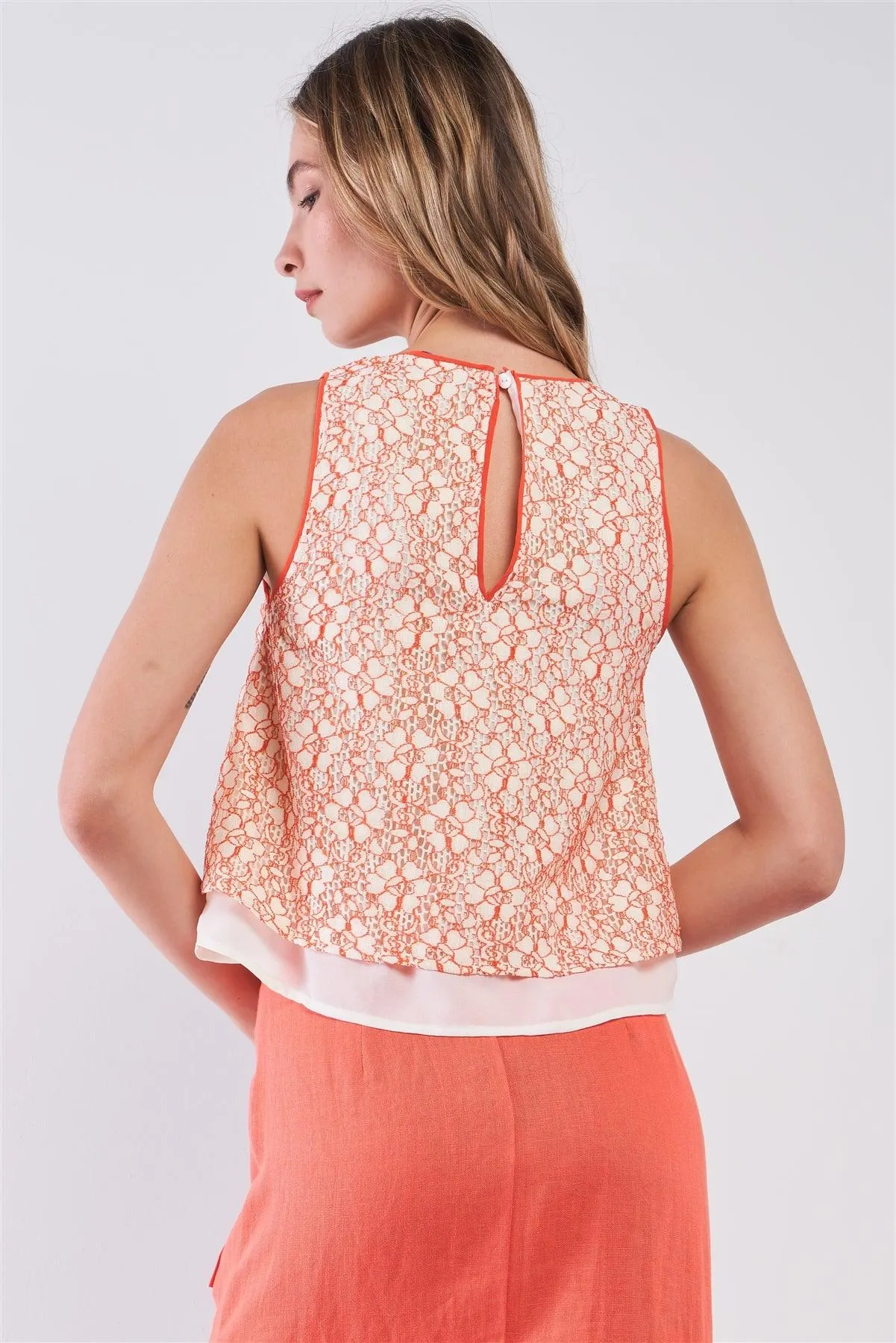 Sunny Apricot Orange Sleeveless Floral Crochet Layered Round Neck Flare Top /1-2-3-1