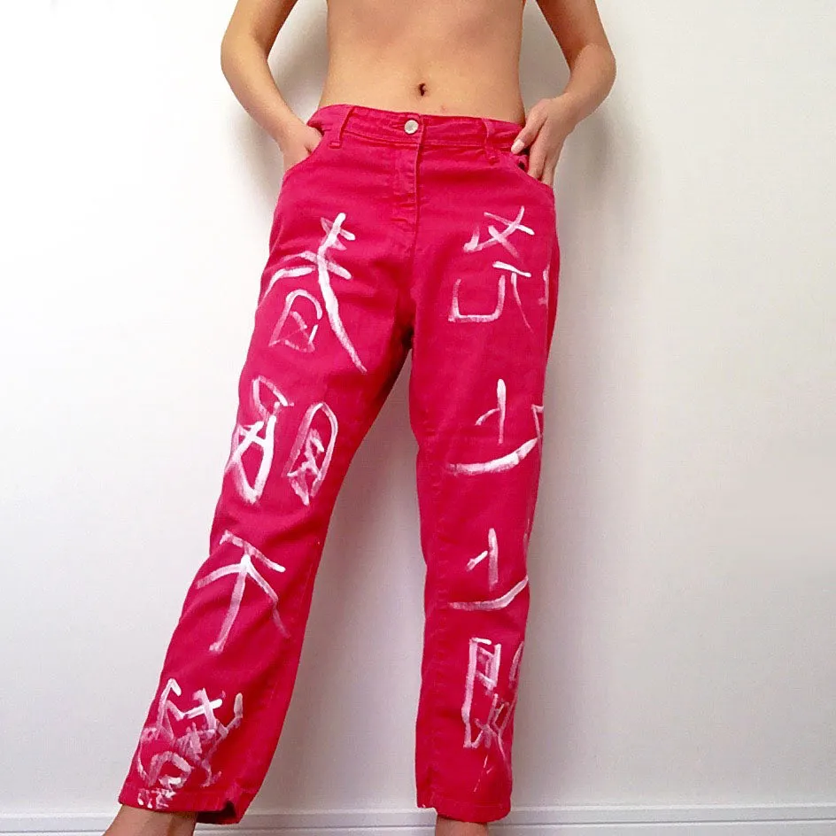 WHITE CHARACTERS RED JEANS TROUSERS