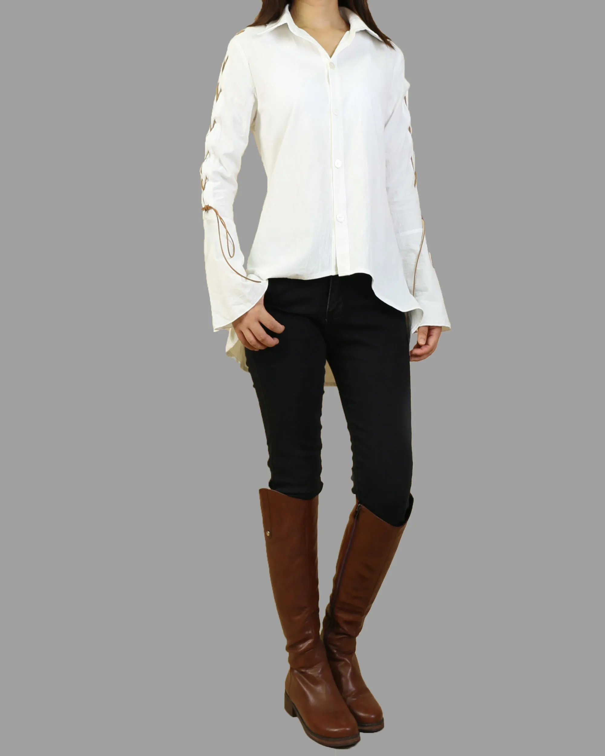 Women's Cotton Linen blouse/Bell Sleeves Shirt Dress/long sleeve shirt(Y20171a)