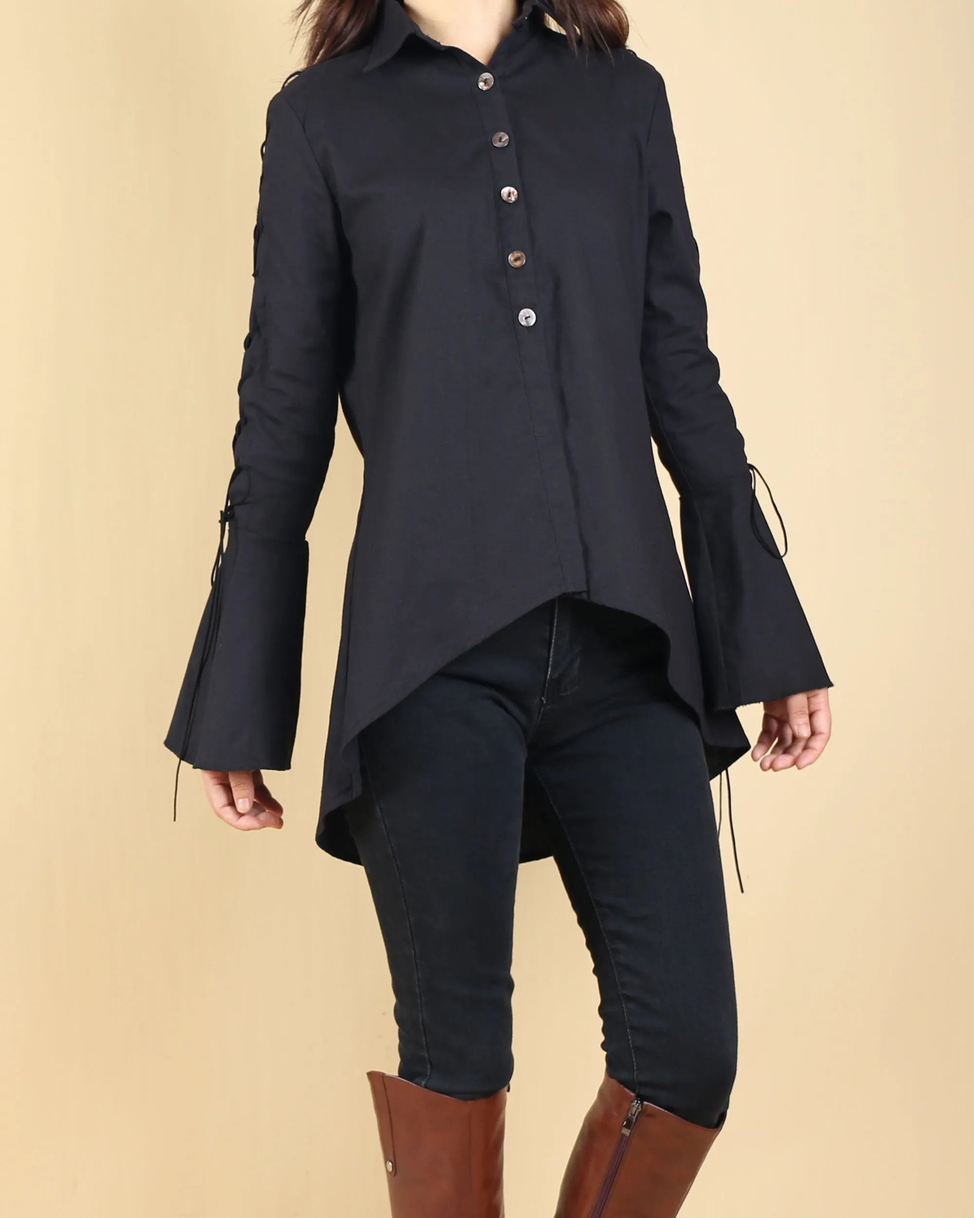 Women's Cotton Linen blouse/Bell Sleeves Shirt Dress/long sleeve shirt(Y20171a)