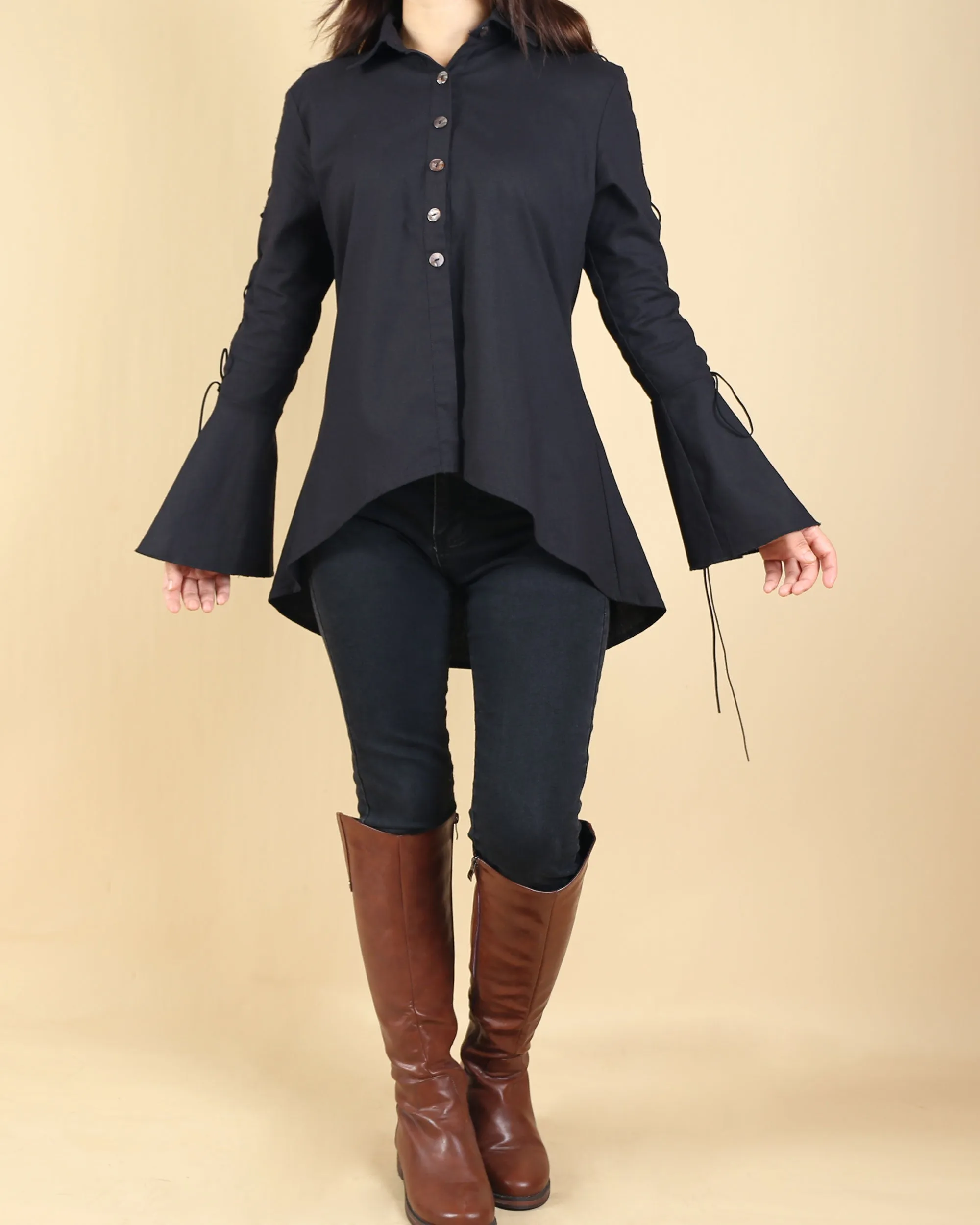 Women's Cotton Linen blouse/Bell Sleeves Shirt Dress/long sleeve shirt(Y20171a)