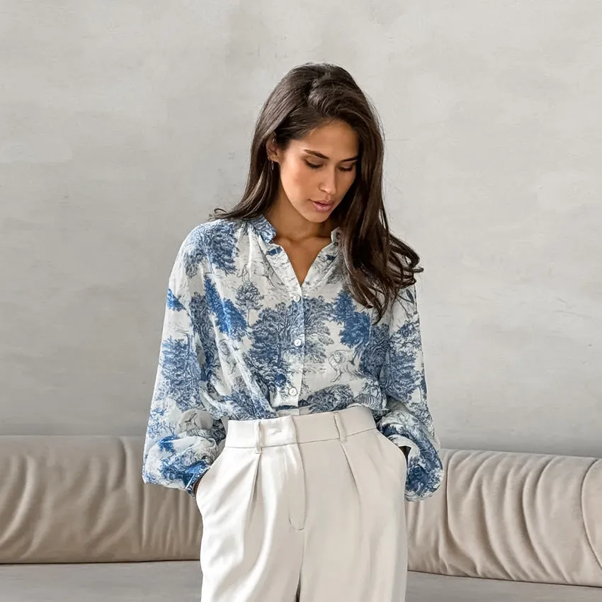 Women's Fashion Stand Collar Long Sleeve Loose Blue Print Shirt