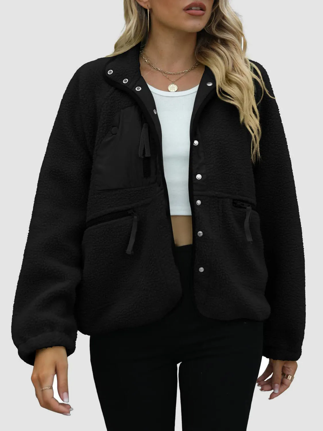 Women's Pocketed Snap Down Sherpa Jacket