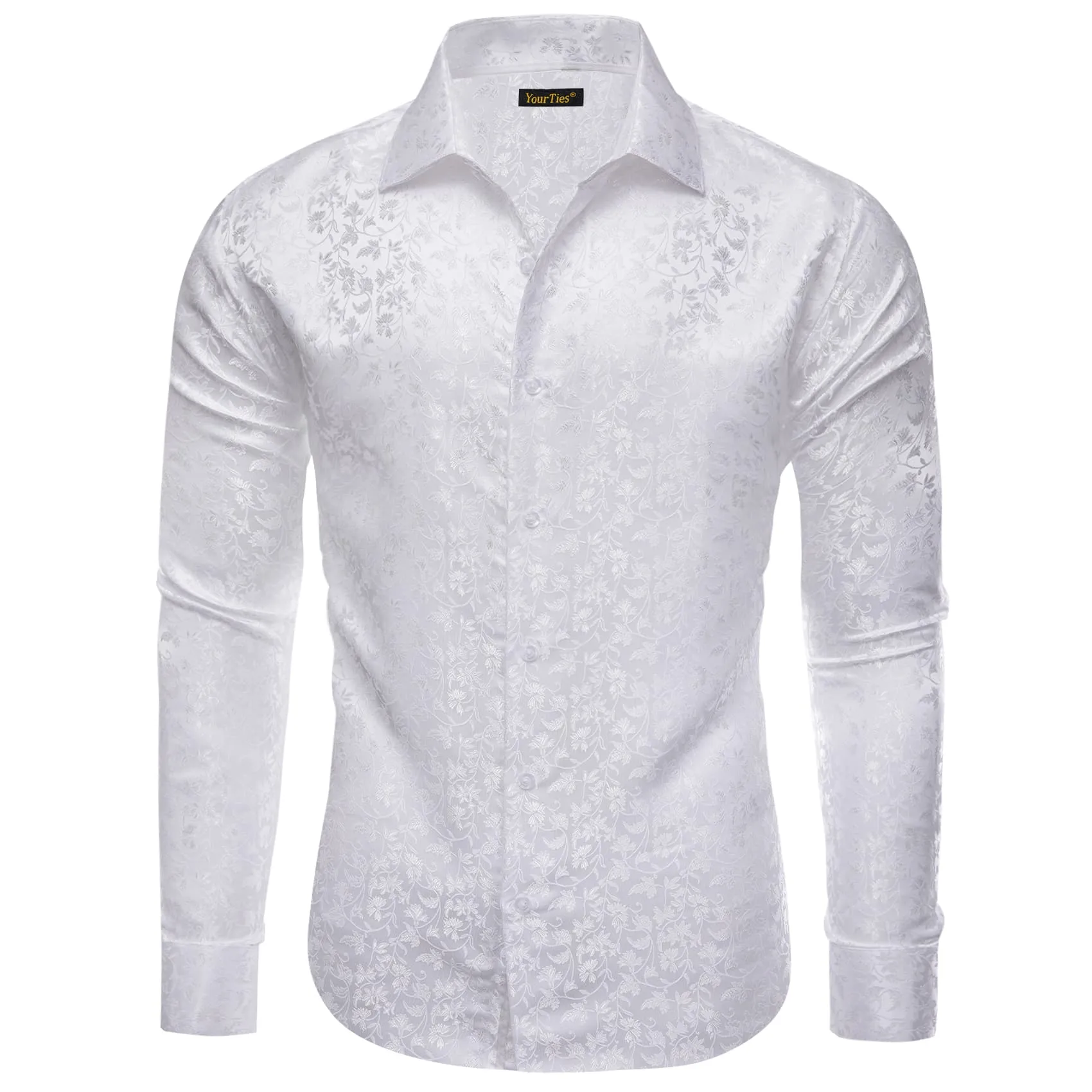 YourTies White Shirt Jacquard Floral Long Sleeve Dress Shirt for Men