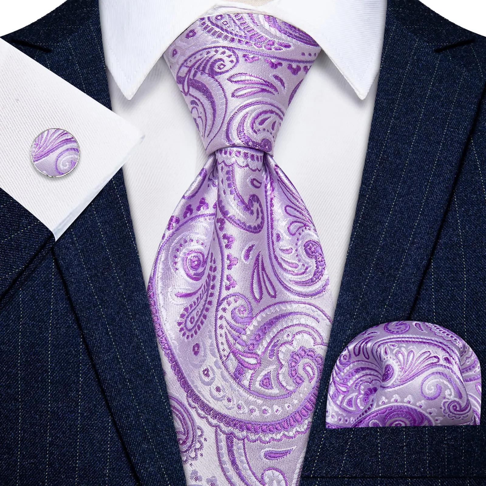 YourTies White Solid Long Sleeve Shirt with Orchid Purple Paisley Silk Tie for Men
